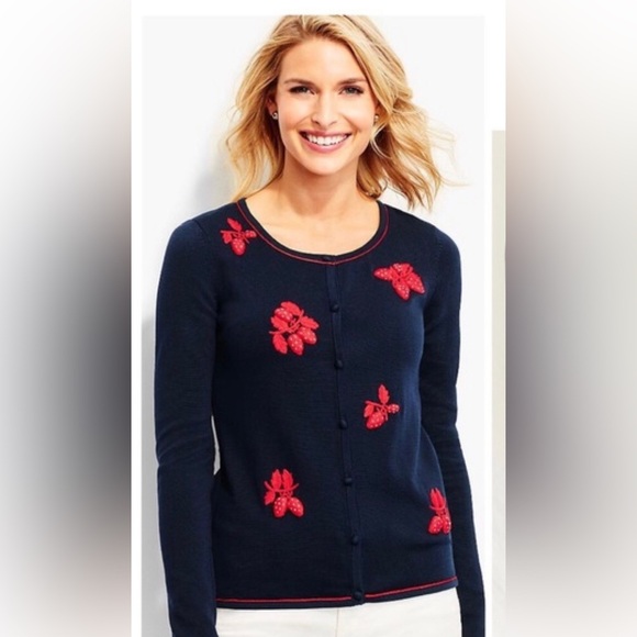 Talbots Embroidered Strawberry Sweater Cardigan NWT Navy Blue Size MP - Picture 2 of 9